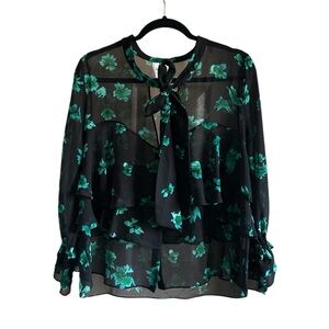 MISA Womens Sheer Floral Tie Neck Blouse Green Size Large